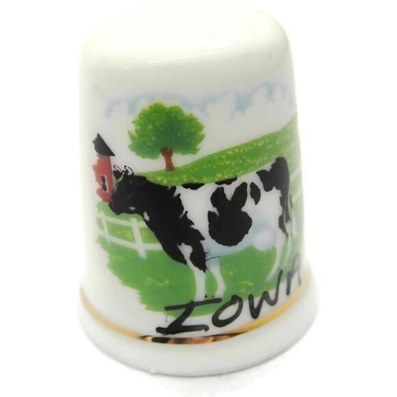 Other - Vintage Iowa Dairy Milk Cow Porcelain Thimble Gold Trimmed Band Black & White